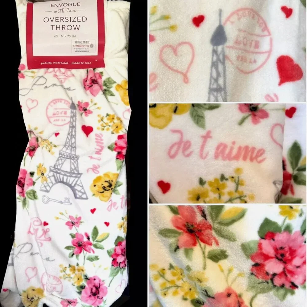 Envogue Paris Throw Blanket Eiffel Tower Floral Je t'aime Love Key Hearts 60x70